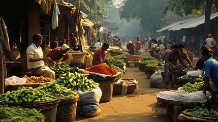 A vegetable market, city streets filled with traders, people earning money by selling food - obrazy, fototapety, plakaty
