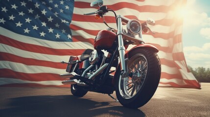 Vintage Motorcycle with American Flag Trail Blazing on the Highway