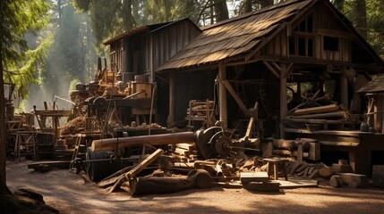 Sawmill in the forest, felling of trees and production of boards