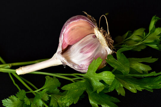 garlic and parsley on a black background, close-up, no people, minimalism