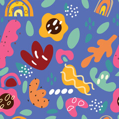 Abstract modern art seamless pattern with colorful freehand doodles on blue background. Organic flat cartoon background, simple summer shapes in bright childish colors.