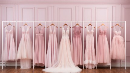 woman's pink evening dresses in wardrobe in bedroom. Generative AI