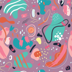 Fototapeta na wymiar Abstract matisse inspired seamless pattern with colorful freehand doodles on purple background. Organic flat cartoon background, simple random shapes in bright childish colors.