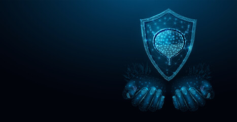 Two human hands are holds human bladder. Medical concept, bladder cancer, cystitis, human excretory system. Wireframe low poly style. Abstract vector illustration on dark blue background.