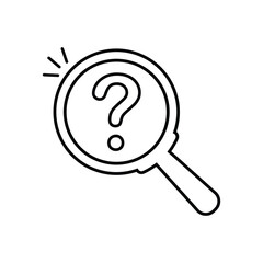 thin line magnifier black icon with question mark. flat linear trend modern lineart scrutiny or inquiry logotype stroke art design web element isolated on white. concept of inspect or survey badge