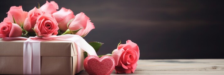 banner with a present box, roses and a heart laying on wooden background with copy space
