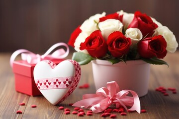 Valentines day setup with white and red roses, heart and red present box on a table