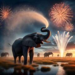 Elefant in einer Savanne am Abend, ringsherum ein Feuerwerk