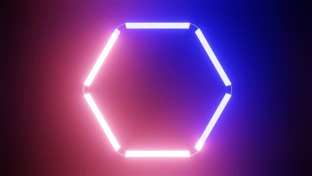 Abstract background with a hexagon with fast-moving light lines. Futuristic neon hexagon as a seamless loop. Moving glowing neon lights for disco party	