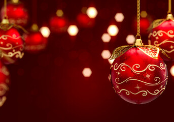 3D Christmas balls Illustration with red blurred background and bokeh effect