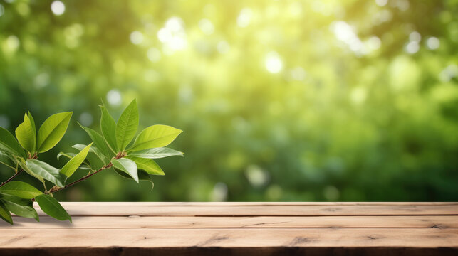 Wooden table with blurred spring background
