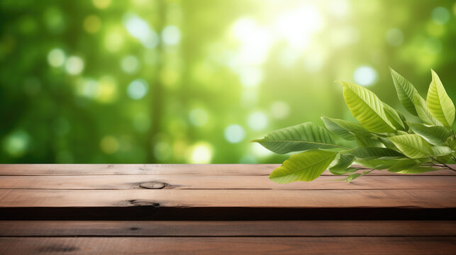 Wooden table with blurred spring background