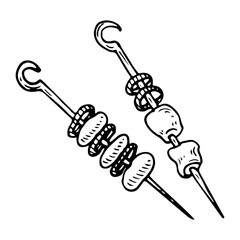 Sketch kebab skewer. Food on fire. Grilled meat and vegetables. Hand drawn illustration.