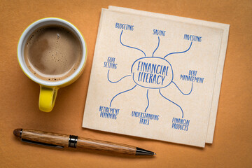financial literacy infographics or mind map sketch on a napkin with coffee - personal finance concept and education