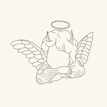 recommend clip art: Baby angel line drawing. Isolated white background. Cherub wings. Vector Bad Tattoo
