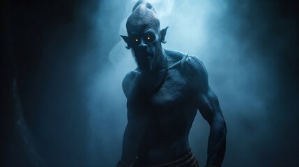 Fictional mythical evil creature Djinn with glowing eyes standing in a mist