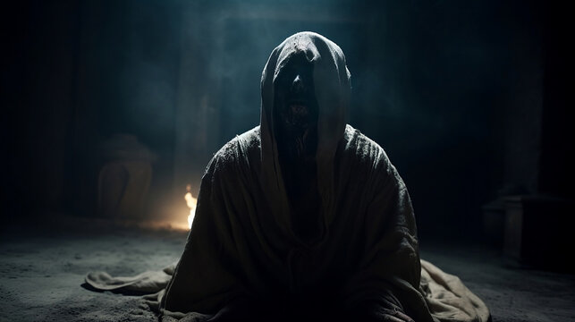 Fictional mythical evil creature Dybbuk with cloak kneeling