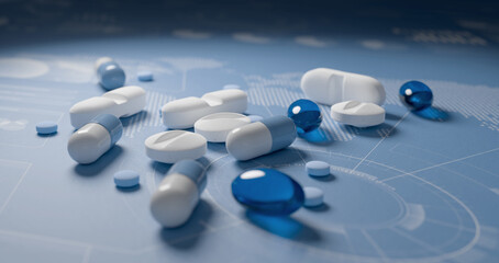 Pills, tablets and capsules on world map with charts blue background. International pharmaceutical research concept. - 688670475