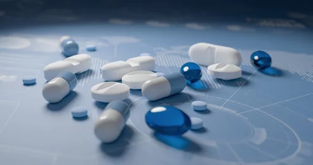 Fotobehang Pills, tablets and capsules on world map with charts blue background. International pharmaceutical research concept. © Paulista