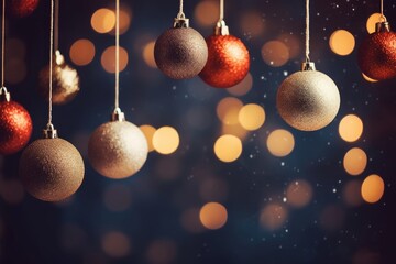 Christmas balls hanging on an out of focus background, Generative AI