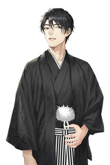 羽織と袴を着用した着物男子