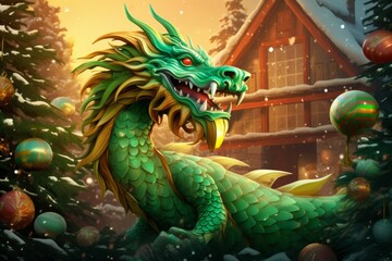 Fototapeta premium A cute cartoon green dragon sits next to the Christmas tree. The fabulous green wooden dragon is the symbol of 2024 New Year.
