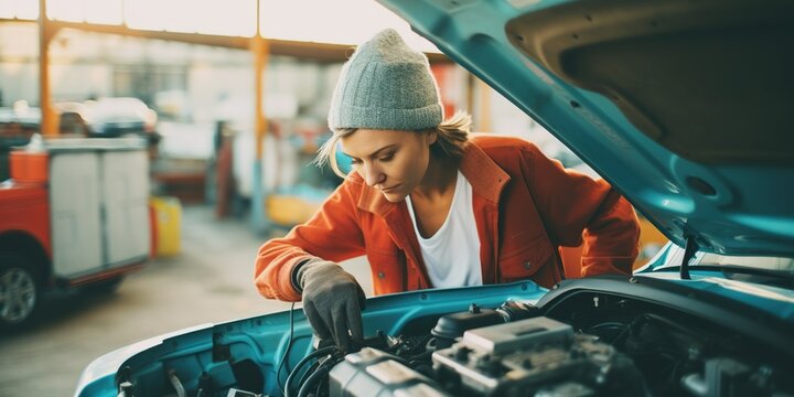 Female auto mechanic carefully examines a car engine with an open hood, concept of Mechanical expertise