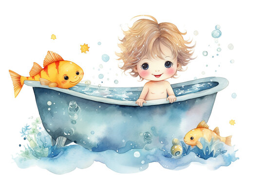 watercolor cartoon illustration of happy boy bathing in bathtub with his friend fish, kid creative and imagine, Generative Ai