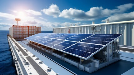 large cargo ship adorned with numerous solar panels, illustrating the innovative integration of green energy solutions in maritime transport for enhanced sustainability and reduced carbon footprint.
