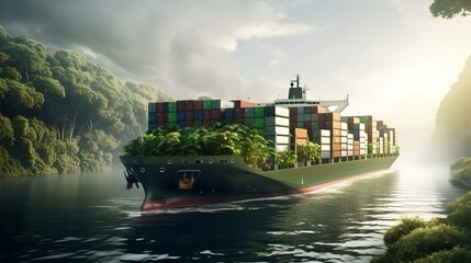 A large, ecofriendly cargo container ship at river, symbolizing sustainable maritime transport with a focus on reducing carbon emissions and preserving the environment. - obrazy, fototapety, plakaty