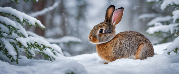 Obraz premium A small orange baby rabbit sitting alone in a deep, snowy forest with no one around. snowy midwinter landscape.