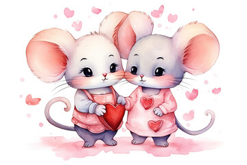 Two cute mouses surrounded by hearts.