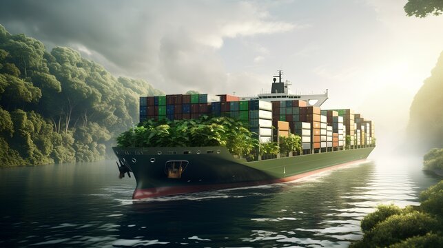 A large, ecofriendly cargo container ship at river, symbolizing sustainable maritime transport with a focus on reducing carbon emissions and preserving the environment.