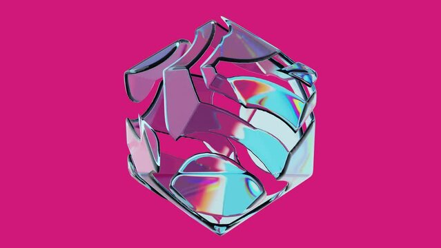 looped 4k footage pink background glass icosphere crystal figure made of iridescent glass spilling in waves, alpha matte,blue tint, refraction of light,polygon, isolated abstract element