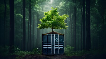Single tree with lush green leaves sprouting from an open sea cargo container, symbolizing ecofriendly and sustainable shipping practices. - obrazy, fototapety, plakaty