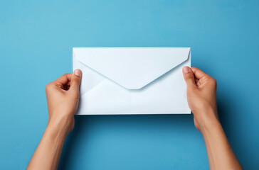 Fototapeta premium Close-up of hands holding a white envelope against light blue background