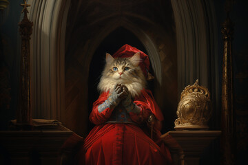 icone animalière d'un chat suivant le style de l'art religieux catholique, caricature d'un chat habillé dans la tenue du Cardinal français Richelieu, dans une église à côté de la couronne de France. - obrazy, fototapety, plakaty