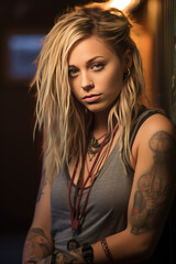 Fototapeta premium Portrait of a beautiful young woman with blonde dreadlocks, tattoos, tank top