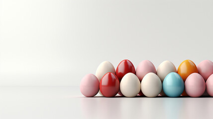 Minimalistic banner concept with colored Easter eggs on white background. Mockup for congratulations. copy space, flat lay