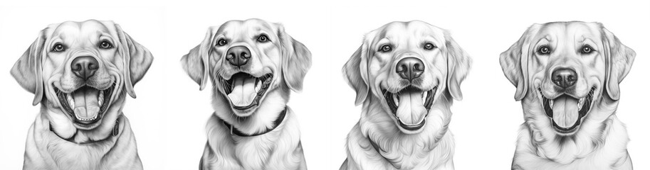 Set of four golden retriever dog portraits ,isolated on white background, sketch hand drawing - obrazy, fototapety, plakaty