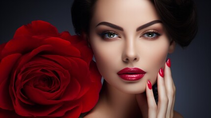 Fototapeta na wymiar Red Lips and Nails. Beautiful Brunette Woman with Luxury Makeup and Manicure
