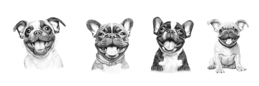 Set of four french bulldog dog portraits ,isolated on white background, sketch hand drawing