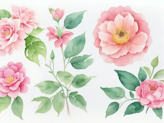 hand drawn watercolor flowers and leaves