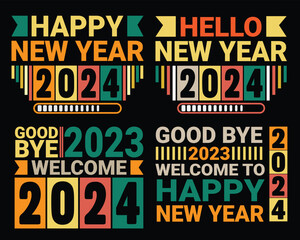 Happy new year 2024 typography t shirt design bundle