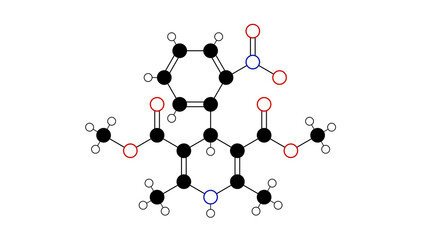 nifedipine molecule, structural chemical formula, ball-and-stick model, isolated image calcium channel blocker