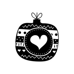 Fototapeta premium Christmas silhouette tree toy ball. Happy new year decoration in retro colors flat style with heart. Christmas sticker - holiday symbol icon. illustration