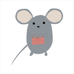 Funny Mouse with Red Gift Present Box With Decorations Vector Illustration Cartoon Christmas Animal Card.