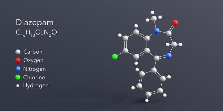 diazepam molecule 3d rendering, flat molecular structure with chemical formula and atoms color coding