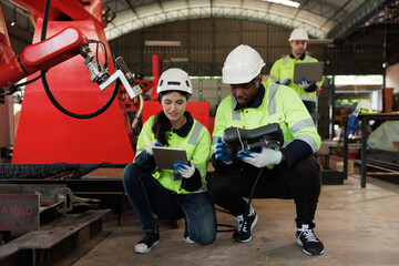 Engineer grop controlling and checking robot arm at factory. Technology, automation, innovation and...