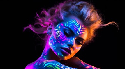 Fashion model in a neon light, gorgeous model portrait with fluorescent makeup, and artwork...